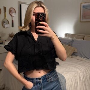 Black, cropped button down